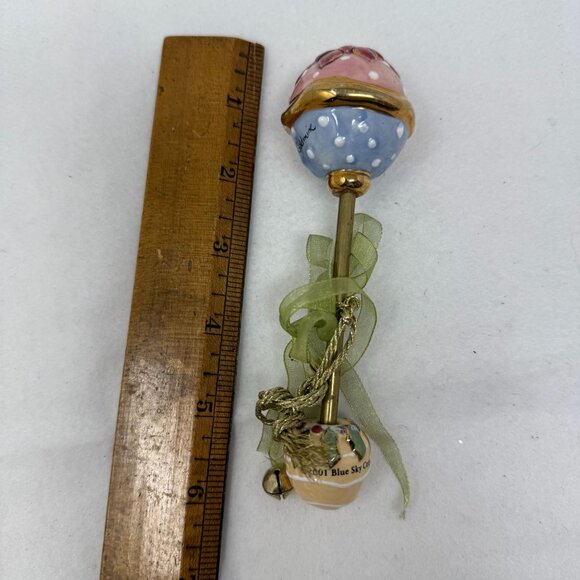 Heather Goldeminc Ceramic Baby Rattle Blue Sky Corp 2001 Polka Dot Floral Design - Picture 7 of 7